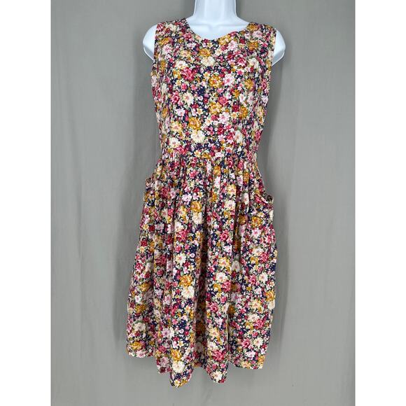 Handmade Dresses & Skirts - Vintage Handmade Dress Womens Medium Navy Blue Ditsy Floral Knee Length Cottage